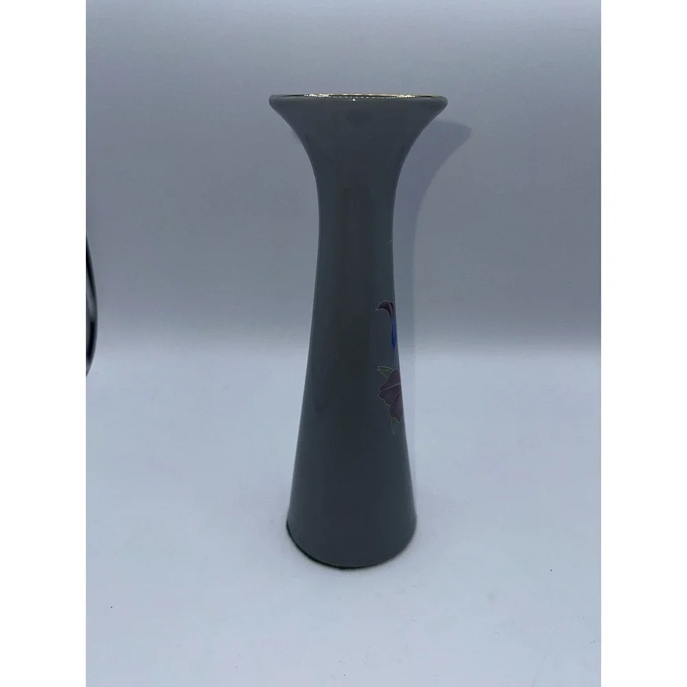 Gray‎ Porcelain Bud Vase Gold Rim Floral Lily Vintage Decorative